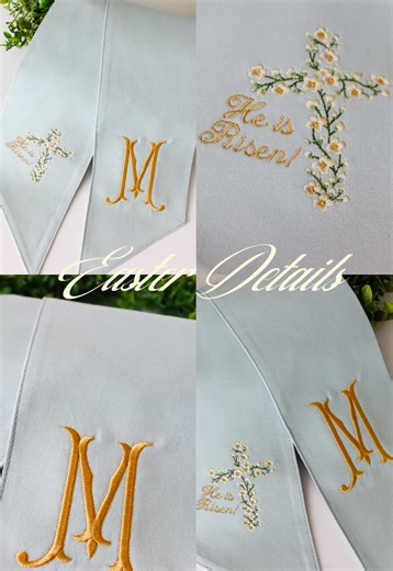 i absolutely adore how this Easter wreath sash turned out 🌿🧵 a classic monogram paired with a floral cross, the perfect finishing touch for Easter doorstep details #embroidery #easter #easterdecorations #machineembroidery #handmadewithlove Easter Wreath Sash Embroidered, Monogram Easter Wreath Sash, He is Risen Embroidery, Floral Cross Embroidery, Easter Home Decor Handmade, Machine Embroidery Easter, Brother Embroidery, Brother SE700, Brother PE545, Single Needle Embroidery, 4x4 Embroidery Ho