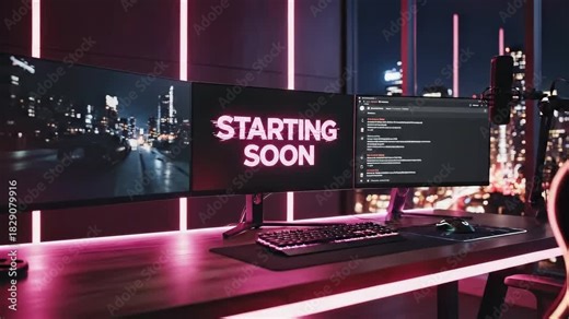 Streaming Setup: Neon "Starting Soon" Broadcast. Stream starting soon screen, overlay loop, animated virtual backgrounds, livestream livestreamer, vtuber asset twitch OBS