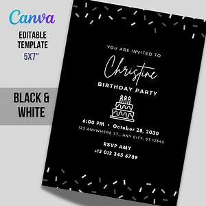 Black & White Birthday Invitation Template | 5x7" Canva Editable (PDF Download) - Etsy