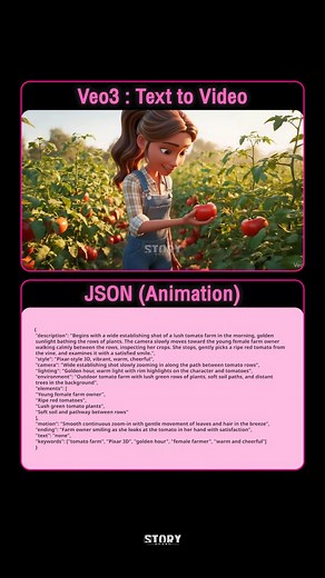 STORYBOARD on Instagram: "เจนคลิป 3D Animation ด้วย JSON Prompt บน Veo 3 🍅📦 วิธีทำคลิปนี้ ✔️เจนวิดีโอพร้อมเสียงประกอบด้วย Text to Video บนแพลตฟอร์ม Google Flow - Veo 3 ✔️ใช้เพลงและเสียงประกอบเพิ่มเติมจาก Artlist ✔️ตัดต่อวิดีโอทั้งหมดเข้าด้วยกันด้วย CapCut #GoogleFlow #GoogleVeo3 #Artlist #CapCut #เจนเอไอ #jsonprompt"