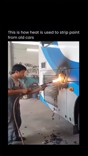 technology.ieo on Instagram: "Heat-based paint removal is a controlled restoration technique used on old cars to strip layers of paint without harsh chemicals. Technicians apply heat using heat guns or infrared panels, warming the paint until it softens and loses adhesion to the metal underneath. Once loosened, the paint can be gently scraped away in sheets, revealing bare steel or original primer below. The key is temperature control. Too little heat won’t release the paint, while too much can 