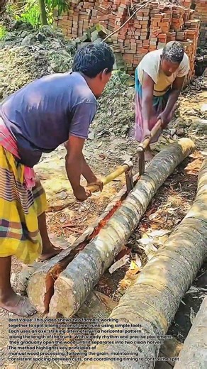 How Splitting a Coconut Tree Trunk by Hand | Precision Axe Technique with Teamwork #work #satisfying