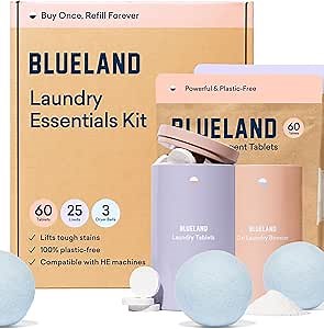 BLUELAND Laundry Essentials Kit, Spring Bloom - Plastic-Free Laundry Detergent Tablets, Oxi Booster, and Reuseable Natural Wool Dryer Balls