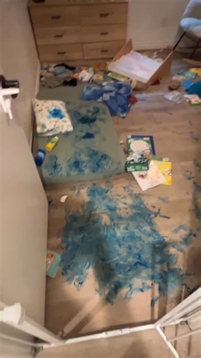 Lesson learned... don't leave the finger paint on a shelf where your toddler can reach it. Luckily it's water soluble so cleans fairly easily. #toddlerlife #mess #toddlersofinsta #2yearold #paint #art #toddlermakingart #destroyingthehouse #disaster #disasterzone | Jeremy McHone
