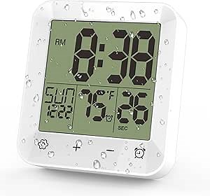 Shower Clock Waterproof, Bathroom Kitchen Wall Clock Timer with Touch Screen, Temperature, Battery Operated, Suction Cup Hanging Hole Stand, White