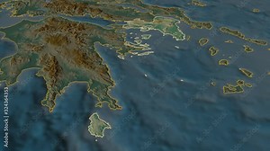Attica, decentralized administration with its capital, zoomed and extruded on the relief map of Greece in the conformal Stereographic projection. Animation 3D