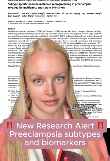 A new study analyzed the placentas and blood of pregnant women with and without preeclampsia. The results reveal biological differences between early-onset and late-onset types, and have implications for earlier detection and treatment. Learn more at the link in our bio! 📚 PMID: 41419624 #pregnancy #pregnant #preeclampsia #maternity #pregnanttok
