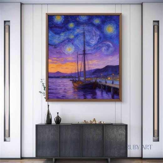 Original Oil Painting Sailboat Harbor Starry Night Seascape Canvas Wall Art - Etsy