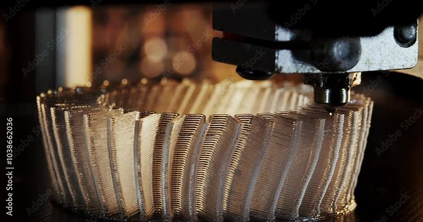 3D printer working. Fused deposition modeling, FDM. 3D printer printing an object from plastic. Automatic three dimensional 3d printer performs plastic. Progressive additive technology for 3d printing