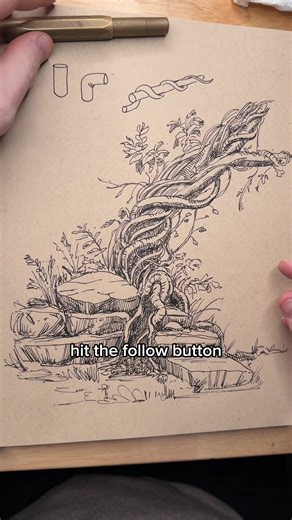 Tap the link in bio to start the drawing drills course today. Everything in this drawing started as a simple cylinder. First straight. Then bent. Then wrapped around another. Before you know it, those cylinders turn into twisting vines climbing up a massive tree trunk with slate stones stacked at the base. That’s how imaginative drawing actually works. You don’t magically invent complex scenes. You master simple forms, then bend them, rotate them, and combine them until something interesting app