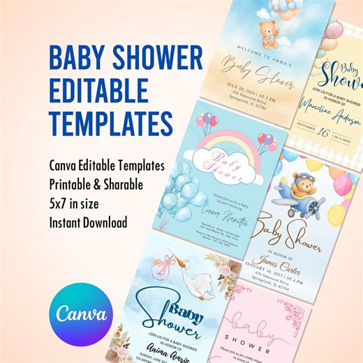 Baby Shower Digital Invitation Template Bundle, Editable Printable, Canva Template, Print at Home, Baby Shower Invite, Baby Predictions - Etsy