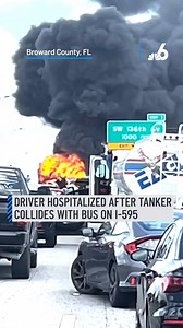 Witnesses are describing the moment a fuel tanker collided with a bus on I-595 and went up in flames. Fire rescue said the victim, the driver of the tanker truck, was transported to the Broward Health Medical Center. Videos from the scene showed the downed tanker on fire on the westbound lanes of I-595 as heavy black smoke billowed from it. Details: http://on.nbc6.com/kmum57Q #tanker #highway #bus #crash #fire | NBC 6