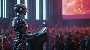 Humanoid Robot Addresses Enthusiastic Audience. Generative ai Stock Video