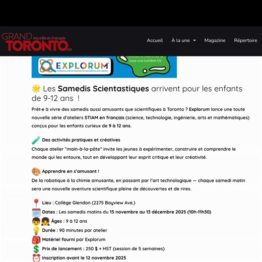 📰 Hot off the press! Explorum’s Scientastic Saturdays are making headlines on GrandToronto.ca! 💥 Check out the article here 👉 [https://grandtoronto.ca/liste-evenements/explorum-les-samedis-scientastiques/] Last call to sign up your scientist-to-be! Don’t miss out on Saturday mornings filled with hands-on experiments and fun... en français! #Explorum #steminfrench #STEM #STEMEducation #glendon | Explorum