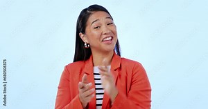 Smile, clapping hands and face of woman in a studio for celebration, success or achievement. Happy, excited and portrait of Asian female model with applause for winning isolated by white background.