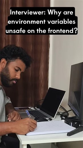 MERN Developer | Telugu Tech on Instagram: "Answer👇👇 Frontend environment variables are embedded into the final JS bundle, meaning anyone can view them in the browser. They are configuration values, not secrets. API keys, private tokens, or credentials must never live in frontend env files. True secrets belong only on the backend or server-side runtime. Follow me for more Interview related questions and tips🤩🤩 #interview #cse #TechJashwanth #interviewtips"