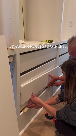 Pt. five @ikea closet hack // drawer fronts installed 🥳 #ikeahack #ikeahacks #ikeapax #ikeapaxdiy #diyproject #diy #looksforless #dreamcloset #closet #homeinspo #closetremodel #ikeatok #inmydomain #ikea #diycloset #diyprojects #homedecortiktok #homeinspo