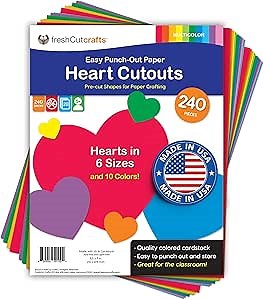 FreshCut Crafts 240 Pieces Heart Paper Cutouts, 2-Sided US Made Card Stock Punch Out Multicolor Hearts for Valentine’s Day Crafts, Bulletin Boards, Classroom Decor, and Posters 10 Vibrant Colors