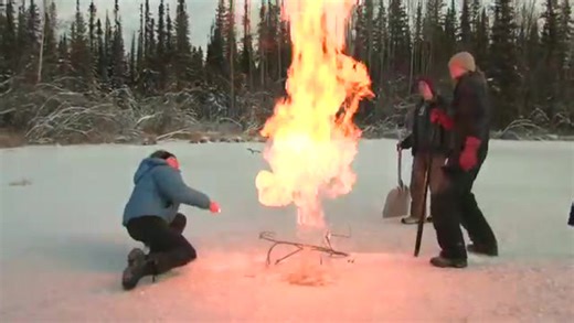 Methane-filled lake sets air above it ablaze