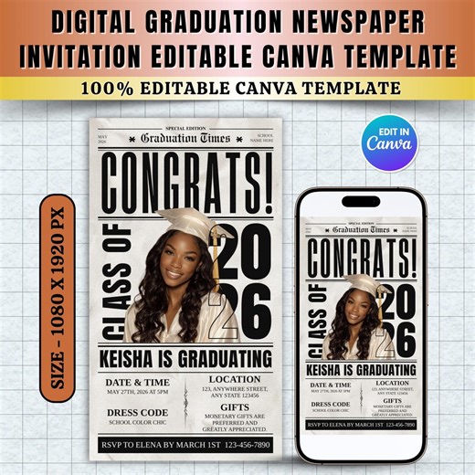 Digital Graduation Newspaper Flyer | Class of 2026 Announcement | Editable Grad Party Newspaper Invitation | Modern Editorial Style | - Etsy