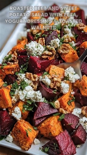 Sweet potatoes and beets cubed and roasted. Toss with olive oil, salt, and pepper. Roast at 400°F for 30–35 minutes. Warm, caramelized, colorful veggies finished with creamy yogurt dressing, salty feta, and crunchy walnuts. Ingredients ➤ 2 medium sweet potatoes, peeled and cubed ➤ 3 medium beets, peeled and cubed ➤ 2 tbsp olive oil ➤ 1/2 tsp sea salt ➤ 1/2 tsp black pepper ➤ 1/2 cup crumbled feta cheese FULLL Recipe in First Cօʍʍеոτ 👇👇👇 | Nessy Recipes