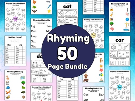 Rhyming Words Activity Bundle | 50 Printable Worksheets (digital Download - Etsy
