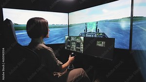 Young female person holding joystick and landing virtual airplane on runway using flight simulator. Lady sitting in pilot's cockpit with dashboard and finishing game. Concept of modern entertainment.