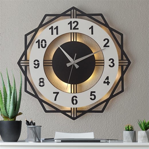 Modern White LED Lighted Wall Clock 40 Cm Geometric Decorative Design - Etsy