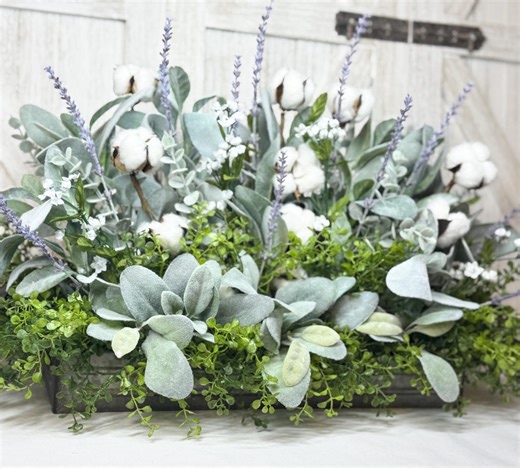 Farmhouse Table Arrangement, Cottage Core Floral, Lambs Ear, Cotton, Lavender Centerpiece - Etsy