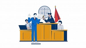 Courtroom trial with judge, lawyer and witness cartoon animation