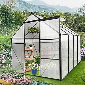 Greenhouse Polycarbonate 6x8 Ft Garden Plants Green House Kit for Outdoor Heavy Duty, Aluminum Frame Sliding Door and Vent Windows Backyard,Black