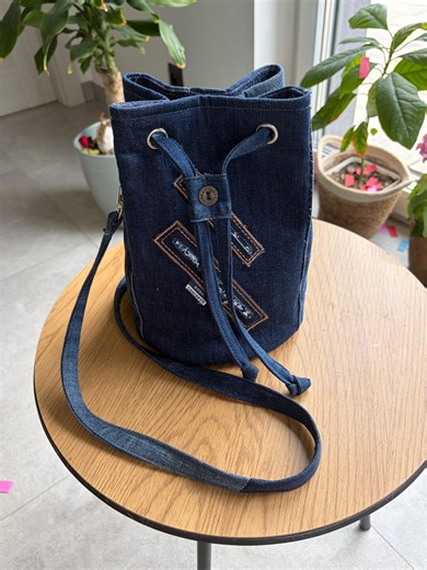 Upcycled Denim Round Bottom Tote Bag - Handmade Sustainable Shoulder Bag