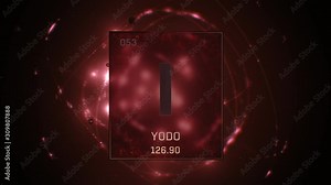 Iodine as Element 53 of the Periodic Table. Seamlessly looping 3D animation on red illuminated atom design background with orbiting electrons. Name, atomic weight, element number in Spanish language