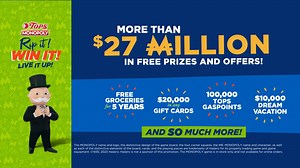 It’s time to LIVE IT UP! Tops Monopoly Rip It & Win It is BACK! You could win 5 years of FREE groceries, $ 20,000 in Gift Cards of your choice, 100,000 Tops GasPoints or a dream vacation! https://bit.ly/3ZhBkVn | Tops Friendly Markets
