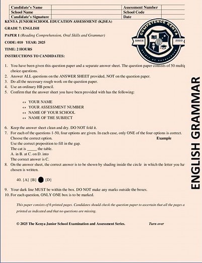 Grade 7 English Paper 1 Mid Term 3 2025 Exam