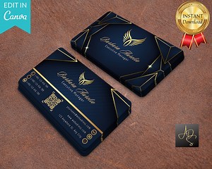Elegant Blue & Gold Business Card Template: Minimalist Design (canva Editable) - Etsy