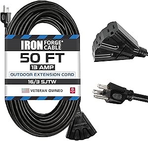 Iron Forge Cable 50 Ft Black Extension Cord with 3 Outlets - 16/3 SJTW 50 Foot Extension Cord 3 Prong, Weatherproof Exterior Power Cable for Outdoor