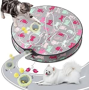 Interactive Cat Toys for Indoor Cats Kitten, Automatic Motion Cat Toy in Pouch Fast Rolling Ball in Play Mat Hide and Seek Mouse Catching Game with Chirping Stimulation, LED Lights, Auto On/Off
