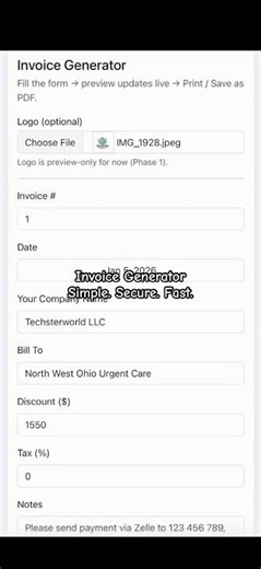 secure web-based invoice generator no clutter, no logins\rCreate invoices in seconds, preview as PDF