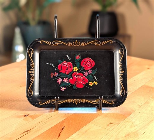 Vintage Rectangle Toleware Tray: Black With Red Roses - Etsy