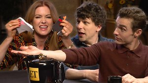 Isla Fisher tears up interview cards while interviewing her 'Now You See Me, Now You Don't' co-stars Jesse Eisenberg and Dave Franco. | Entertainment Tonight