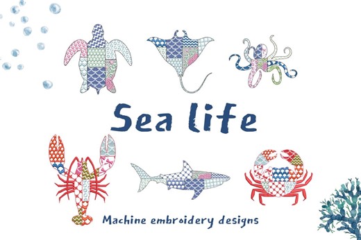 Patchwork Patterned Sea Ocean Beach SET of 6 Designs Animal Fish Turtle Shark Crab Octopus Ray Lobster Outline Machine Embroidery Designs - Etsy