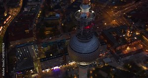 Berlin Night Hyperlapse, Motion Time Lapse of TV Tower Alexanderplatz Establishing Shot with beautiful city lights, Hyper Lapse