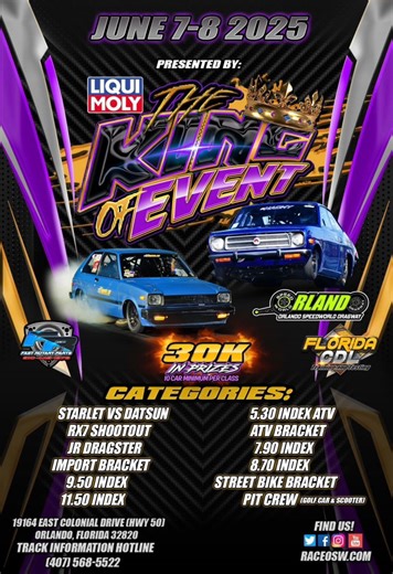 8.5K views · 57 reactions | ‼️Are you ready for the 2025 THE KING OF EVENT AT Orlando Speed World Dragway⁉️We have drag racing for everyone…‼️ JUNE 7-8th, 2025  All tickets available at the gate. #weraceforelienisse #dragracing #thekingofevent #dragrace #orlando Pitbull Racing TV FuelTech Real Street Precision Turbo & Engine | Orlando Speed World Dragway | Facebook