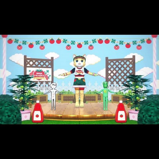 【背景設置テスト】カミイチ＆かなピーマン（しまじろうのわお！）・縞沼あこ（オリジナル）に「みみりんのトマトビクス」を踊らせる（手打ちモーショントレース）テスト※二次創作／Blender 3.6 使用