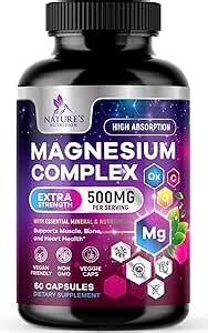 Magnesium Complex Supplement 500 mg - 5 in 1 High Absorption Blend, 100% Chelated Magnesium Glycinate & Malate Plus Citrate, Oxide, Aquamin - Non-GMO, Vegan Formula, Mag Complex Capsules - 60 Count
