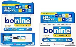 Bonine Non-Drowsy Motion Sickness Relief - Chewable Tablets with Meclizine HCL 25mg - Non Drowsy Medicine for Nausea or Motion Sickness - Cruise Essentials - Raspberry Flavor, 28 Chewable Tablets