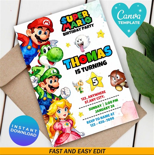 Super Mario Birthday Invitation, Editable Mario Watercolor Invite, Canva Template, Boys Gaming Party Card, Watercolor Mario Birthday Invite - Etsy