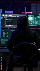 Vertical video Hacker arriving in secret base with laptop, ready to start programming viruses. Scammer in criminal den opening notebook to exploit network servers and bypass security measures, camera