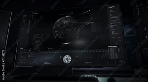 AI satellite tech is searching for the target position on the global map. AI satellite tech looking for the target IP address. AI satellite tech detects the exact position of the Computer IP. UI